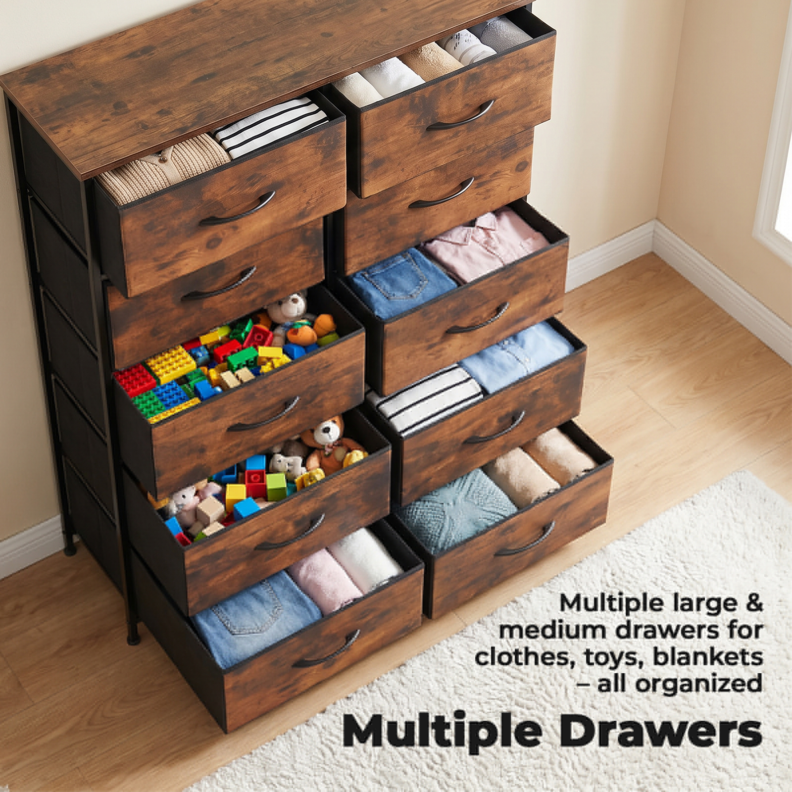 Alvantor Tall Dresser Fabric Storage Tower ,Wooden Top for Kid Room, Closet, Entryway, Nursery