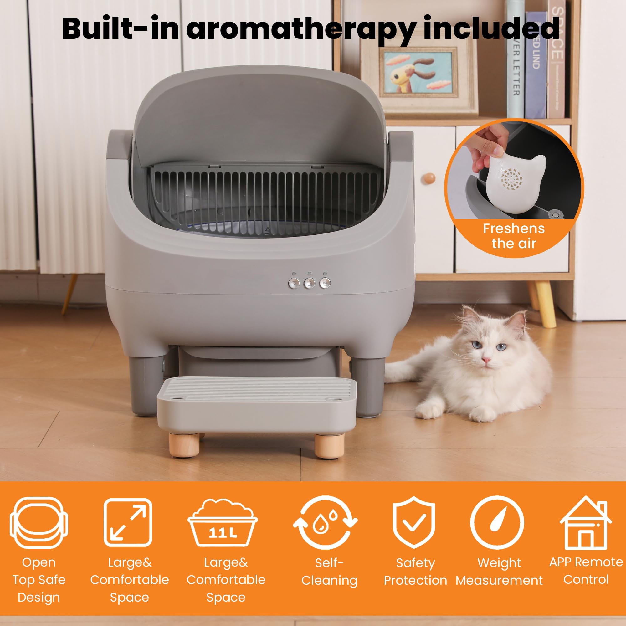 Upgraded Automatic Litter Box Self Cleaning, with Raised Step, Open Top Large Capacity for Multiple Cats, Odor Control ,Safety Protection , Smart App Control ,Health Monitoring ,Quiet Operation