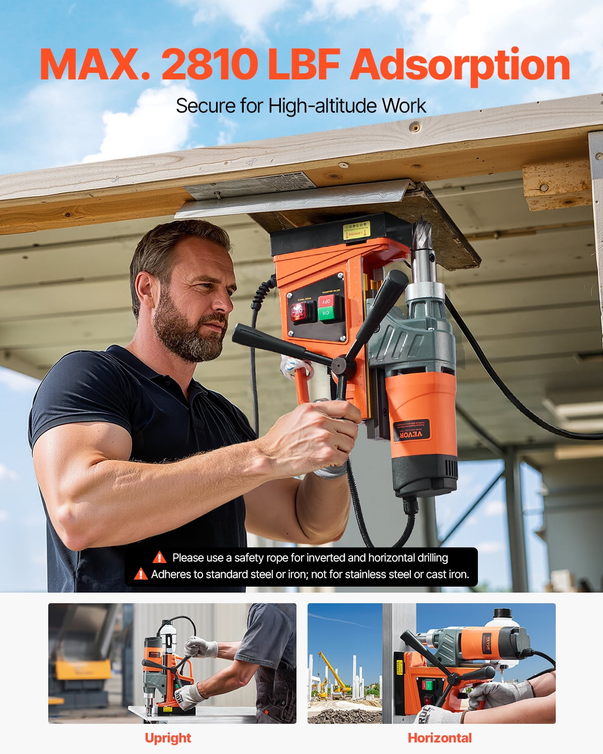 VEVOR Magnetic Drill,1450W Motor 1.6 in Boring Diameter, 2810 lbf Portable Electric Mag Drill Press, with 11 Coring Bits, 850 RPM Speed, Drilling Machine for Metal Surface, Home Improvement Industry
