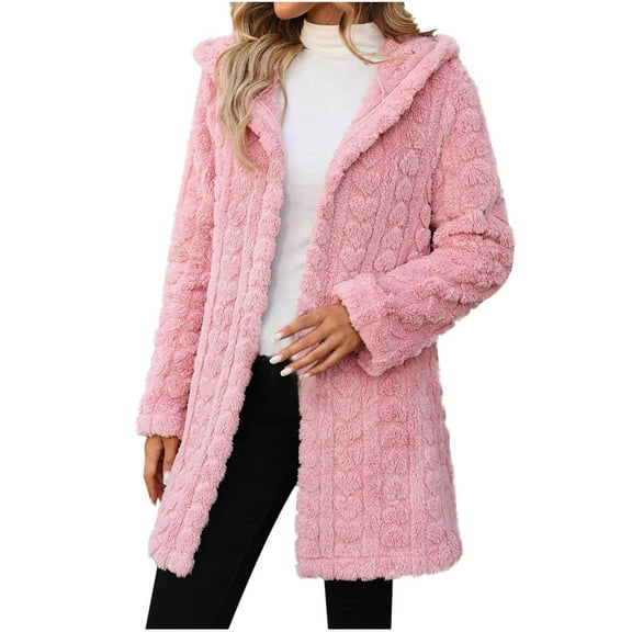 Scyoekwg Womens Winter Jacket Fleece Warm Coats Long Sleeve Hooded Cardigan Coats Solid Color Long Jacket Outerwear (Pink,M)