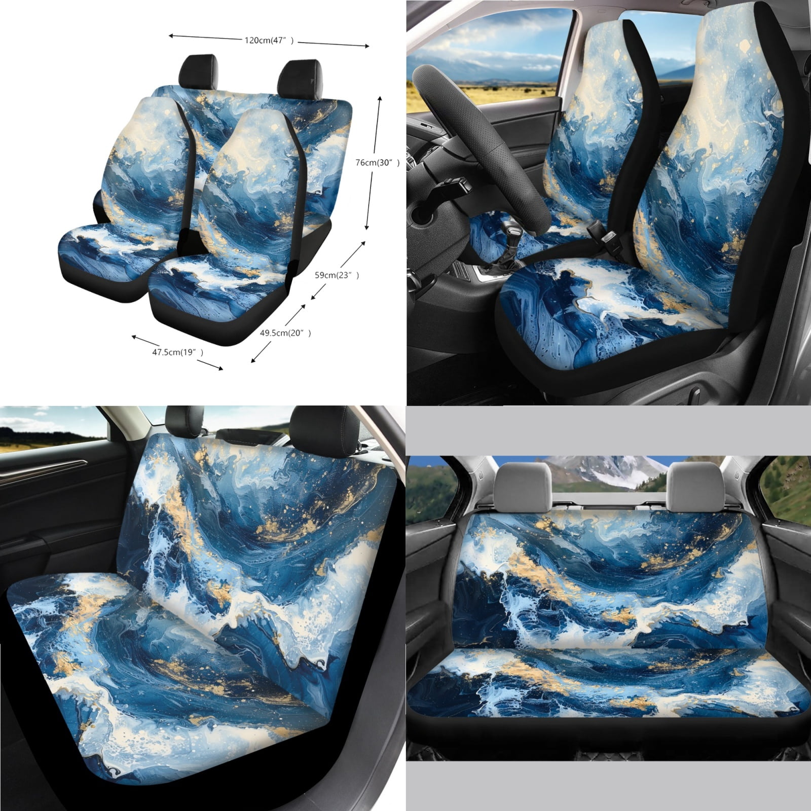 Yuyamidu 14 Piece Blue Marble Print Car Seat Cover Set with Steering Wheel Cover Seat Belt Strap Cover Garbage Bin Armrest Cover Rearview Mirror Cover Coaster Gear Shift Knob Cover Set Fit SUV Sedan