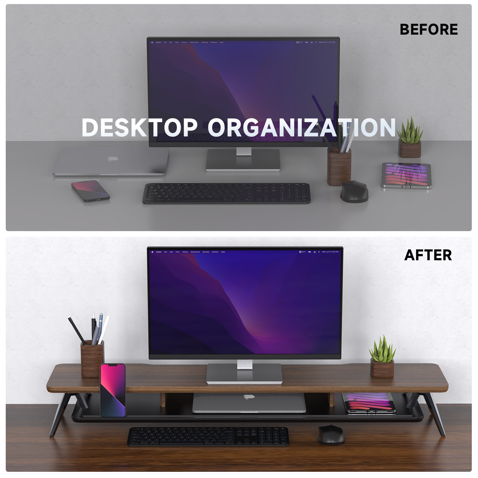 Fenge Dual Monitor Stand, Monitor Stands Riser for 2 Monitors, 42.5 Inch Monitor Stands Shelf with 12 Color LED Light for Office Desk