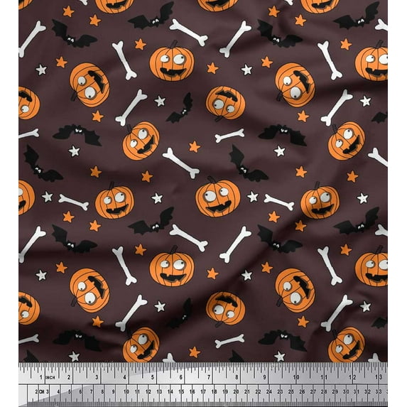 Soimoi Cotton Poplin Fabric Pumpkin,Bone & Bat Halloween Printed Craft Fabric by The Yard 56 Inch Wide