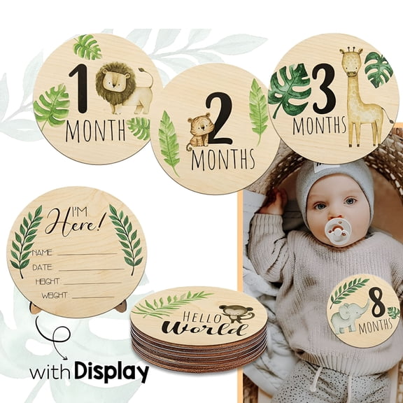 CCOCC Baby Monthly Milestone Marker Discs,Reversible Photo Props,Classic Cursive Script Wooden Discs Pregnancy Journey Birth Announcement Sign Baby Boy and Girl Gift Sets