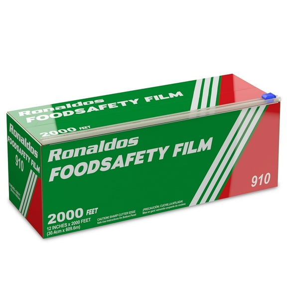 Ronaldos Food Safety Film, 18 inch x 2000ft Plastic Wrap, Commercial Grade, Great for Sealing and Storage, Used for Food Service Industry, Easy to Use Slide Cutter for Clean Cut Use (4 Box)