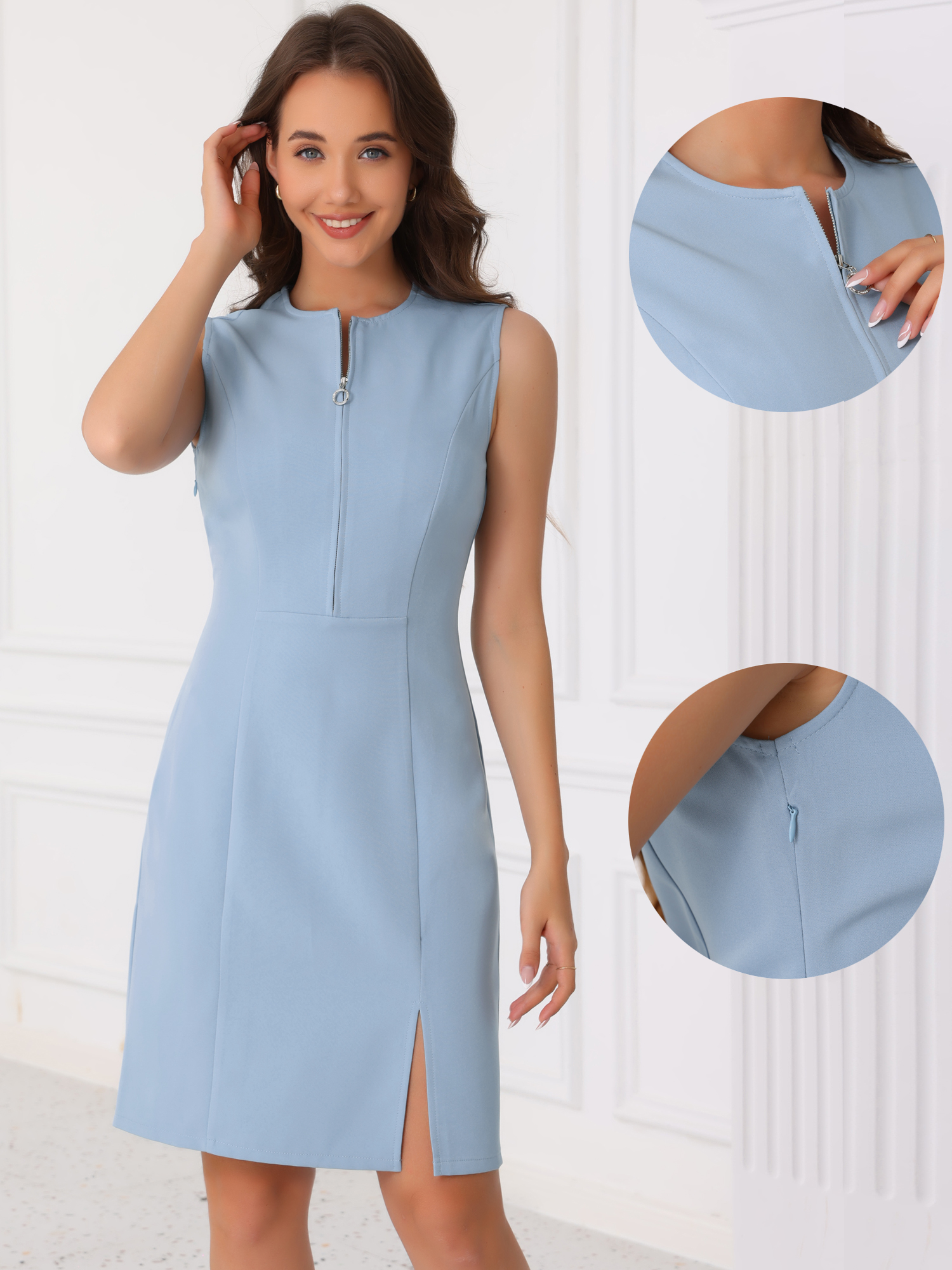 DARING DIVA Sheath Zip Front Sleeveless Slit Pencil Dress XS Blue