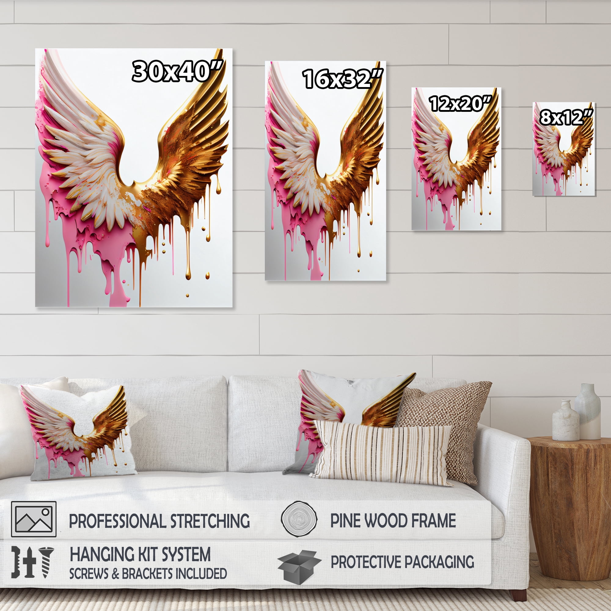Designart Dusty Pink Angel Wings Canvas Wall Art
