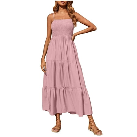 

Black and Friday Deals Charella Womens Sleeveless Solid Maxi Dress Bohemian Spaghetti Strap Smocked Tiered Long Beach Sun Dresses Pink S