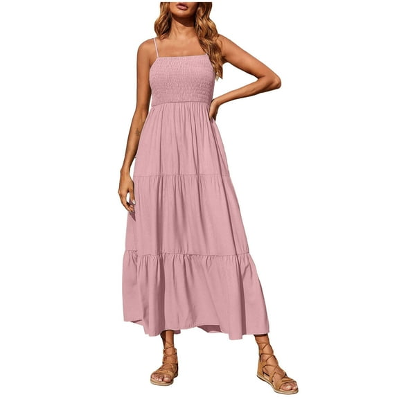 MIANHT Dresses for Women, Plus Size Dresses, Women's Bohemian Spaghetti Strap Smocked Tiered Long Beach Sun Dresses Sleeveless Solid Maxi Dress
