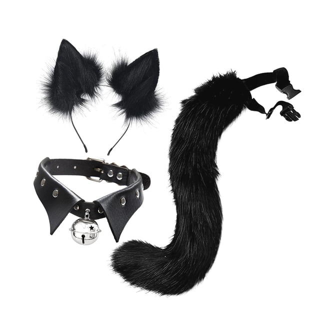 Conjunto de orejas y cola de zorro de peluche, accesorios de gargantilla de cola, diadema, orejas de lobo, accesorio para Negro