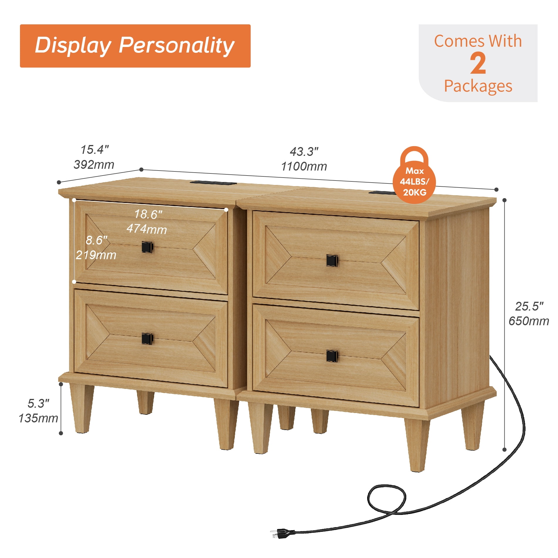 WAMPAT Nightstands Set of 2 with Charging Station, Farmhouse Wood Bedside Tables with Drawers & Solid Wood Legs, Rustic End Side Tables for Living Room, Natural