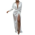 thumbnail image 2 of Women Dresses Sexy Solid Dresses Lapel Long Sleeved Fashion Dresses White Trendy Skirt Size S, 2 of 5