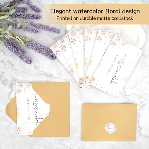 50pcs Funeral Thank You Cards with Envelopes and Matching Seal Stickers,Sympathy Thank You Cards with Message Bereavement 4×6 Inches$$Office