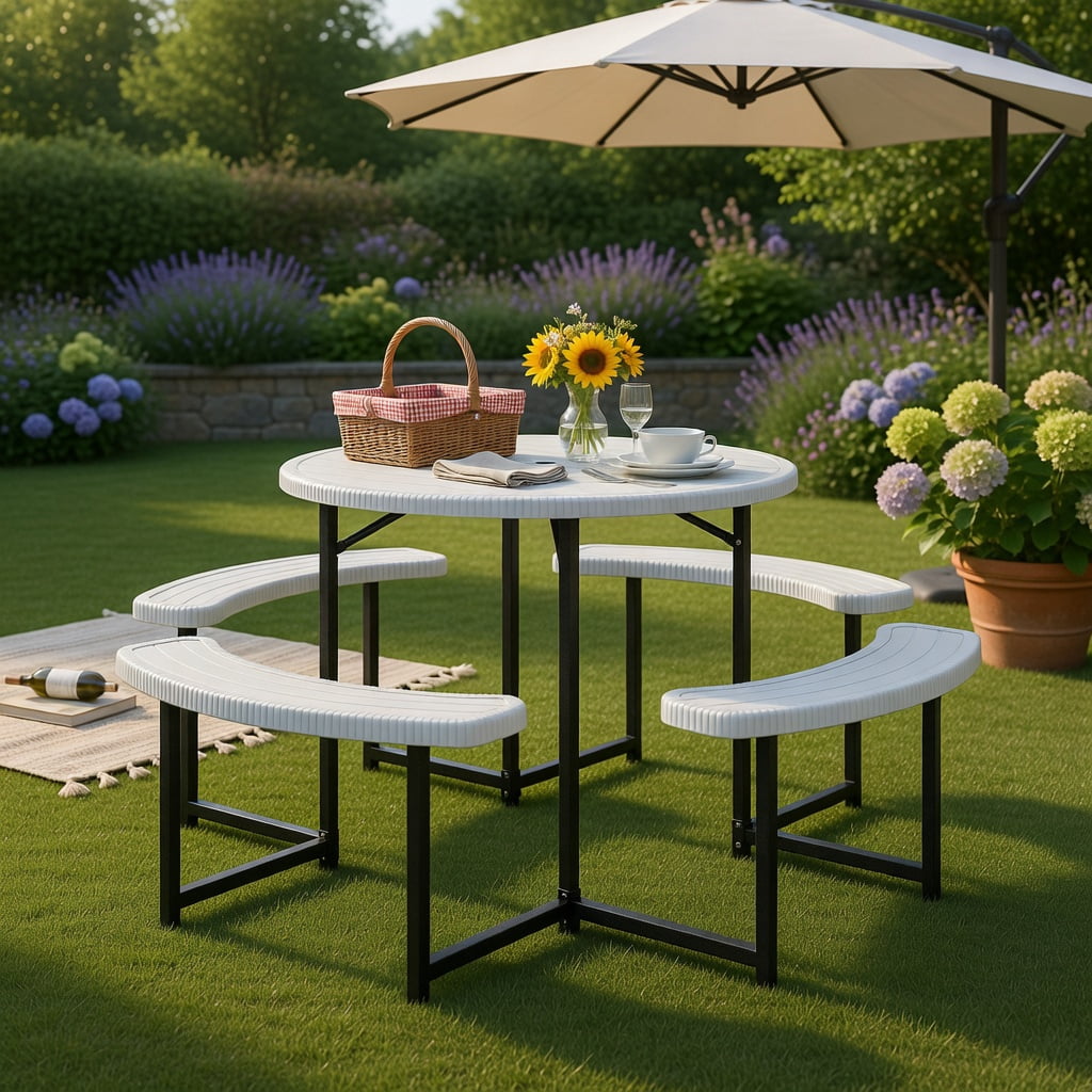 Hommoo Round Outdoor Picnic Table Set with 4 Matching Benches & Umbrella Hole, Weather-Resistant HDPE Top, Heavy-Duty Metal Frame, White