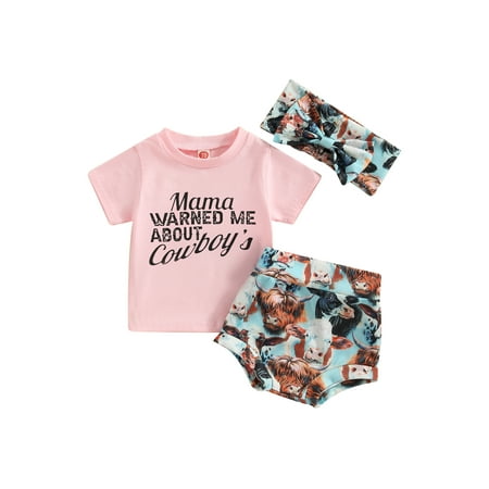 

Western Baby Shorts Set Infant Boho Cow Short Sleeve T Shirt Top Shorts Headband 3PCS Summer Outfit