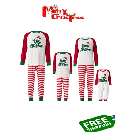 

Matching Family Christmas Pajamas Sets Letter Santa Hat Print Tee and Striped Bottom PJ s