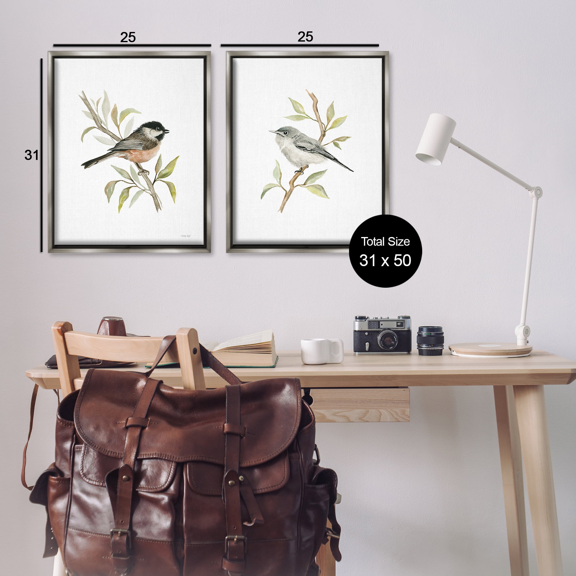 Stupell Industries Small Birds on Branches Animals Painting Gray Floater Framed Canvas Art Print Wall Art, 31 x 25, Set of 2