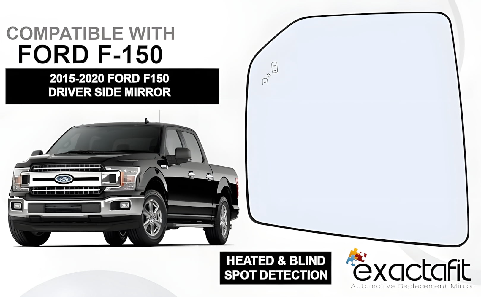 Rugged TUFF Driver Side Mirror Glass Replacement for 15-20 Ford F150 Blind Spot Detection (Heated Defrost)