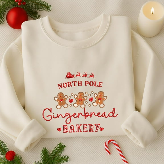 Christmas North Pole Gingerbread Bakery Embroidered Sweatshirt, Christmas Gingerbread And Reindeer Embroidered Shirt, Merry Christmas Shirt