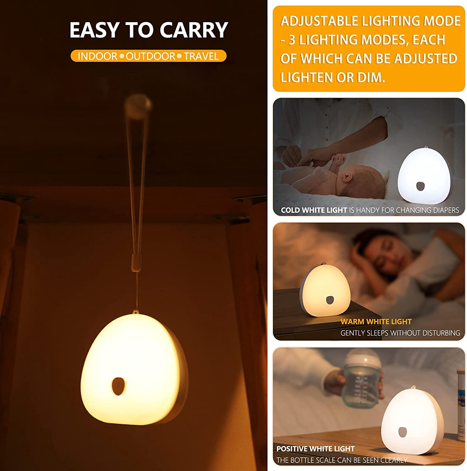 Kids Night Light LED Baby Night Lamp 3 Colors Dimmable Nursing Night Light with Touch Switch, USB Charging Night Lamp for Nursery, Stairs, Living Room