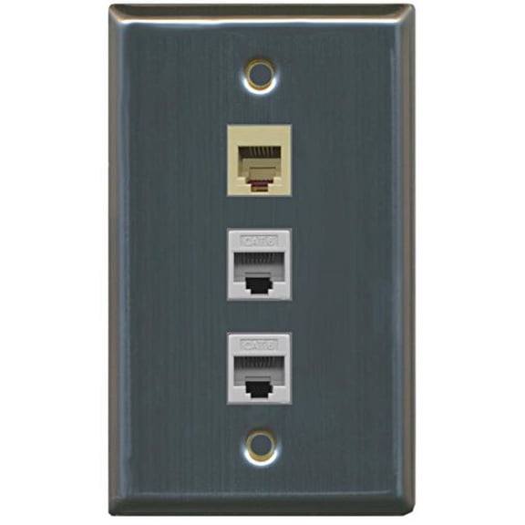 RiteAV - 1 Port Phone RJ11 RJ12 Beige 2 Port Cat6 Ethernet Wall Plate - Stainless Steel