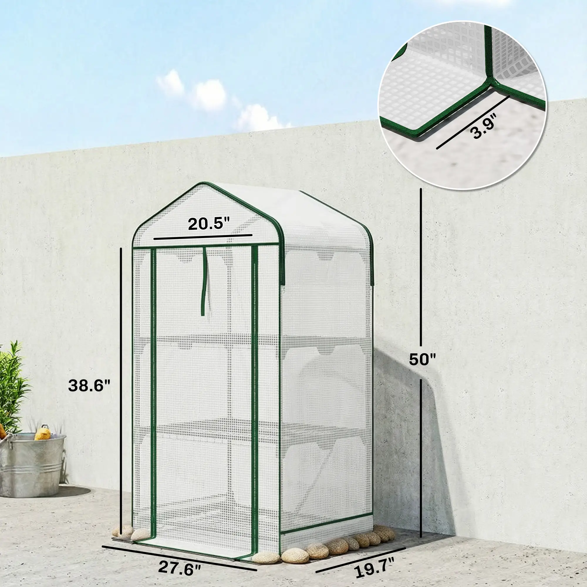 3-Tier Mini Greenhouse with Double-Layer Roof, 140gsm PE Cover, Roll-Up Zippered Door, Powder-Coated Steel Frame, Stability Side Bags for Indoor Outdoor Plants