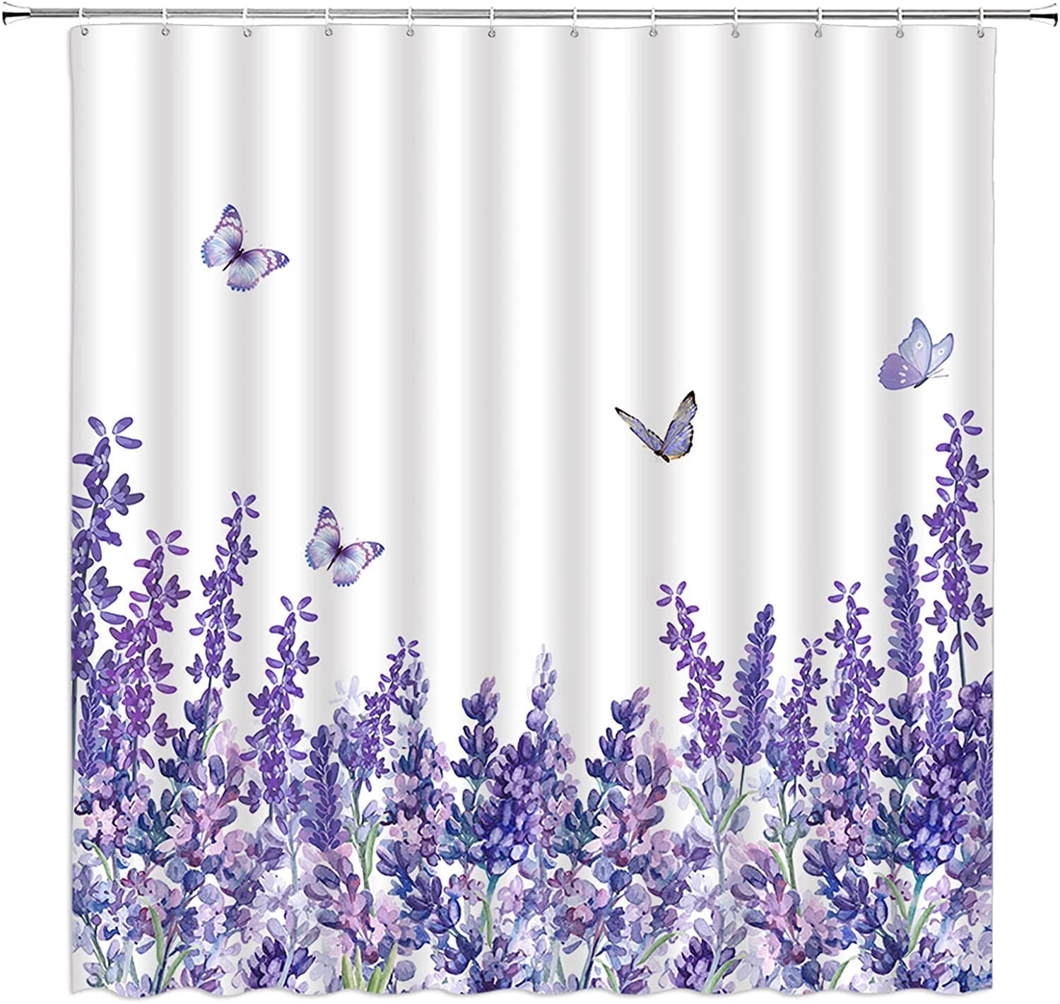 Lavender Shower Curtain Purple Floral Watercolor Flower Butterfly Spring Nature Violet Home Decor Fabric Bathroom Curtain Set with Hooks（84" Wx70 H）
