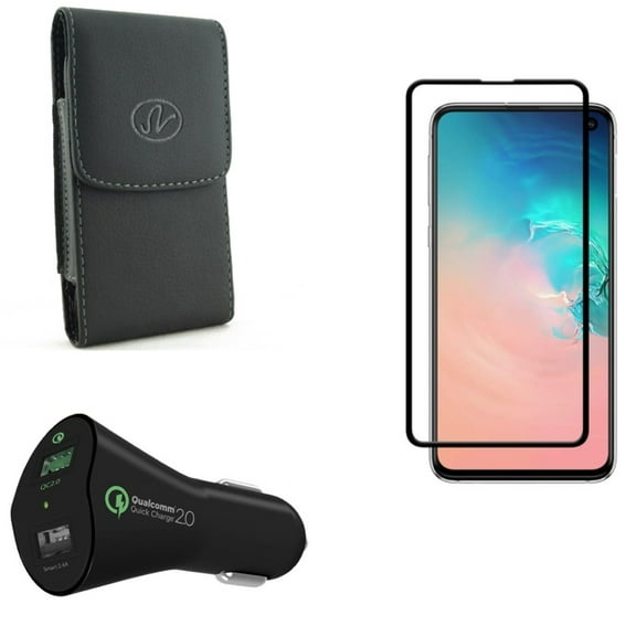 Galaxy S10e Screen Protector w Case Belt Clip w Car Charger - Tempered Glass 5D Curved Edge, Leather Holster Cover, 30W Fast 2-Port USB Power for Samsung Galaxy S10e Phone