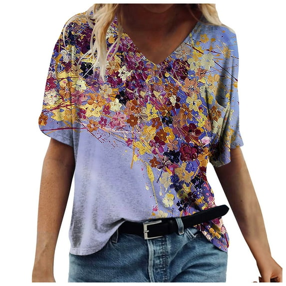 OAVQHLG3B Women's Summer Short Sleeve Tunic Tops V Neck Colorful Floral Printed Tees Shirt Casual Comfy Blouses Tops