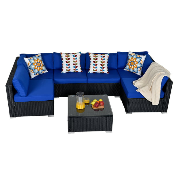 7 Pieces Patio Furniture Set Outdoor Rattan All Weather Sectional Wicker Sofa Sets With Royal Blue Cushions Com - Patio Furniture Blue Cushions