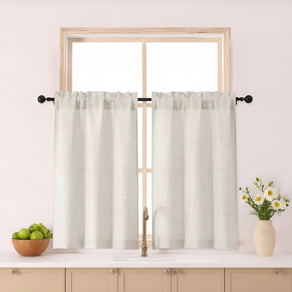 XIBUFE Natural Kitchen Curtains 36 Inch Length 2 Panels,Light Filtering Textured Short Half Window Cafe Curtains,Modern Soft Small Window Drapes for Bathroom Basement Bedroom,30Wx36L Inch,2Pcs