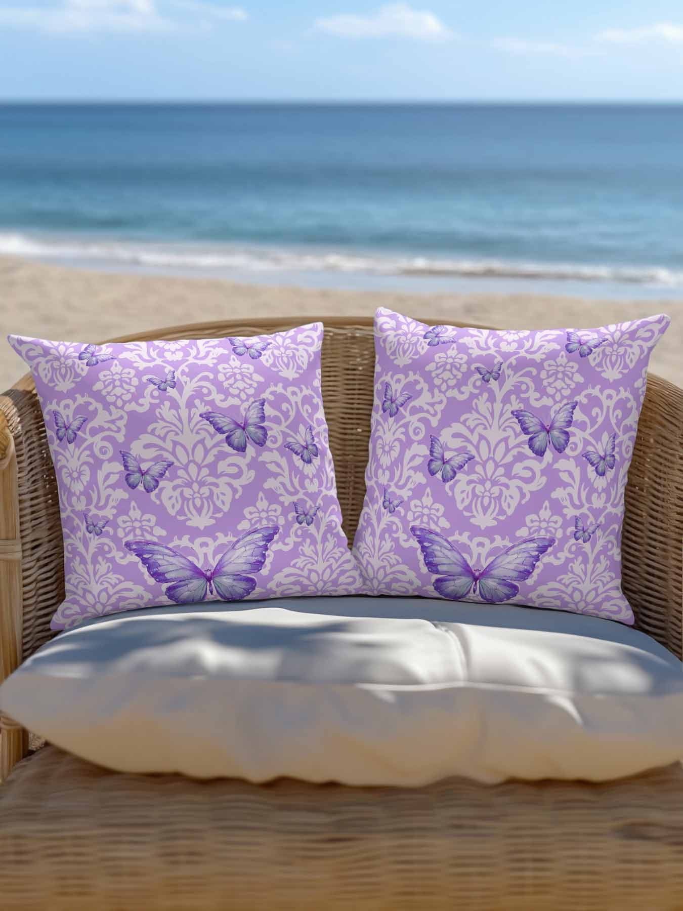 1 Pack Outdoor Throw Pillow, Purple Butterflies Flowers Waterproof Pillow with Insert Included, Boho Vintage Floral Botanical Decorative Accent Cushion Sofa Pillows for Patio Porch, 18 x 18 In
