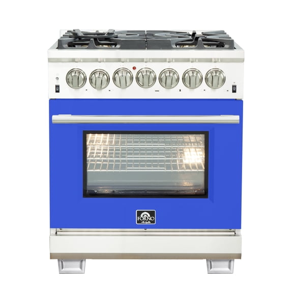 Forno Capriasca 30-Inch Freestanding Dual Fuel Range, 4 Burners, True Convection Oven, Blue Door