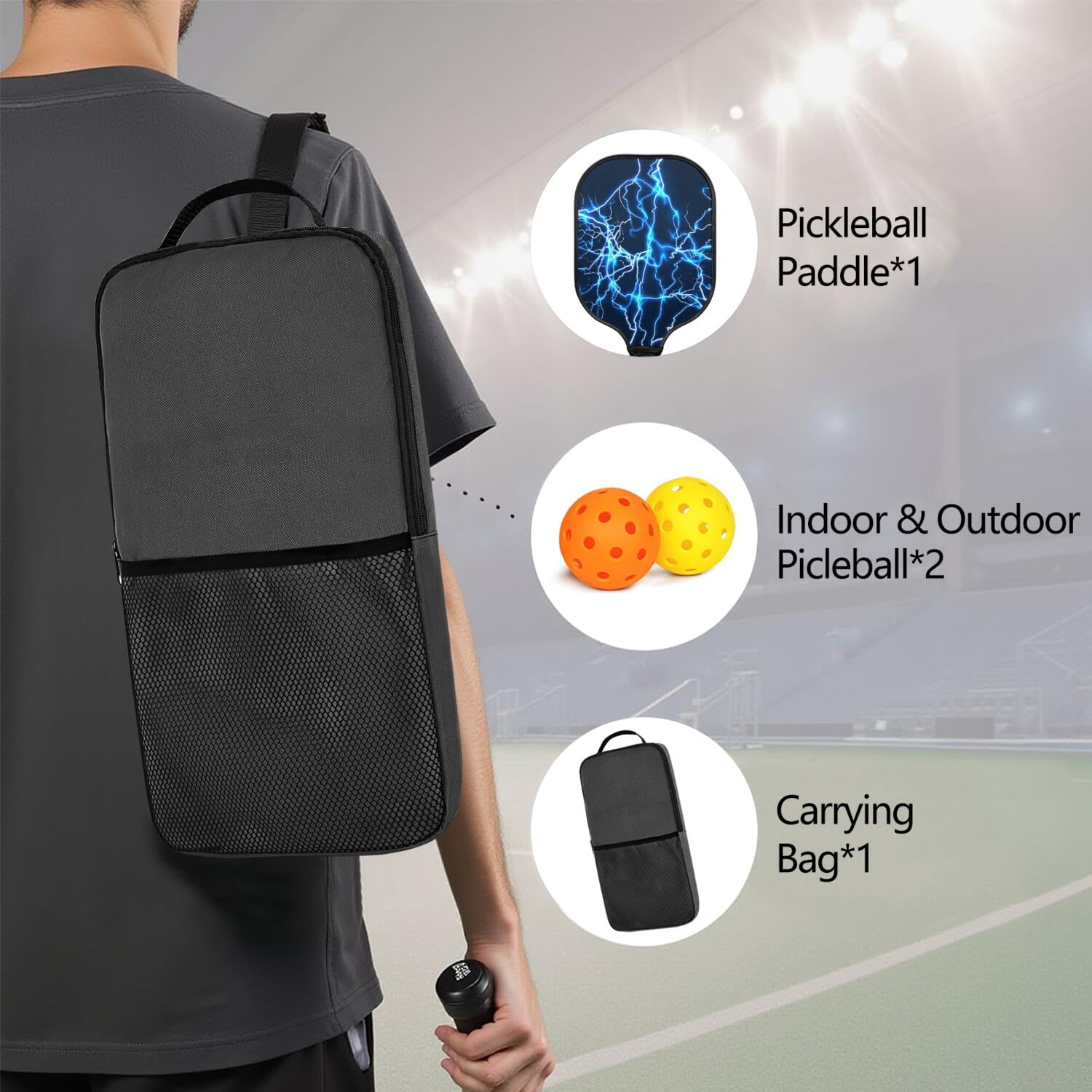 Pickleball Paddles Set Of 1, Fiberglass Surface, Speed, Lightning, Thunder Print, 1 Paddle, 2 Balls & Bag