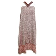 Mogul Women Magic Wrap Skirt Beige Printed Silk Sari Two Layer Reversible Beach Dress