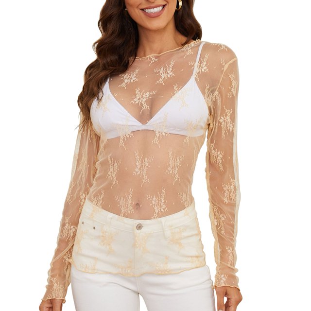 Top de malla de manga larga con capas para mujer, bordado floral, transparente, camiseta, blusa, color albaricoque S