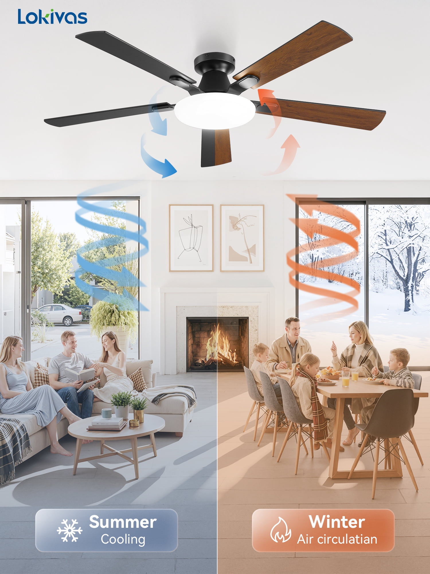 Lokivas 52 Inch Modern Ceiling Fan with Light, Flush Mount Low Profile, Quiet 6 Speeds Remote Control, Reversible DC Motor for Bedroom, Living Room