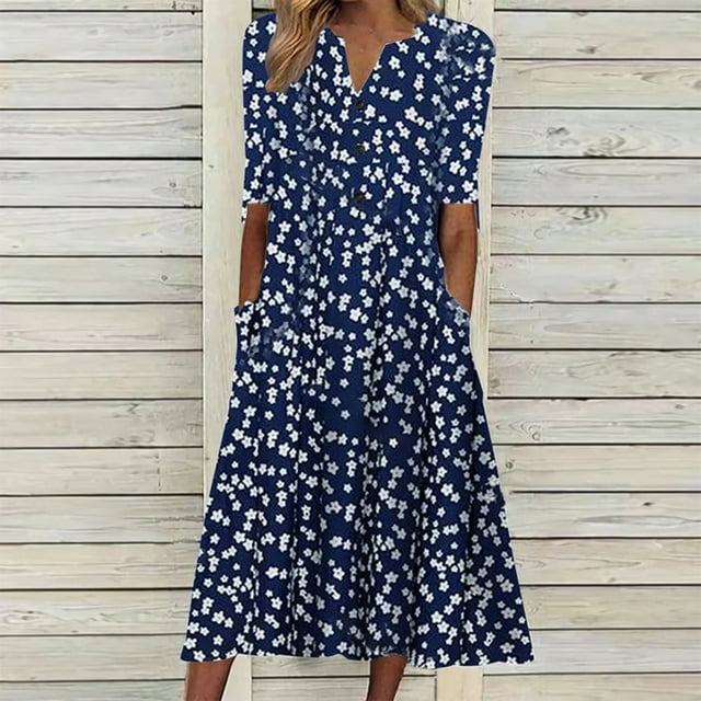 zanvin Robes de Mode pour Femmes Été Imprimé Décontracté Col en V Bouton Manches Courtes Vacances Poches Robe, Bleu