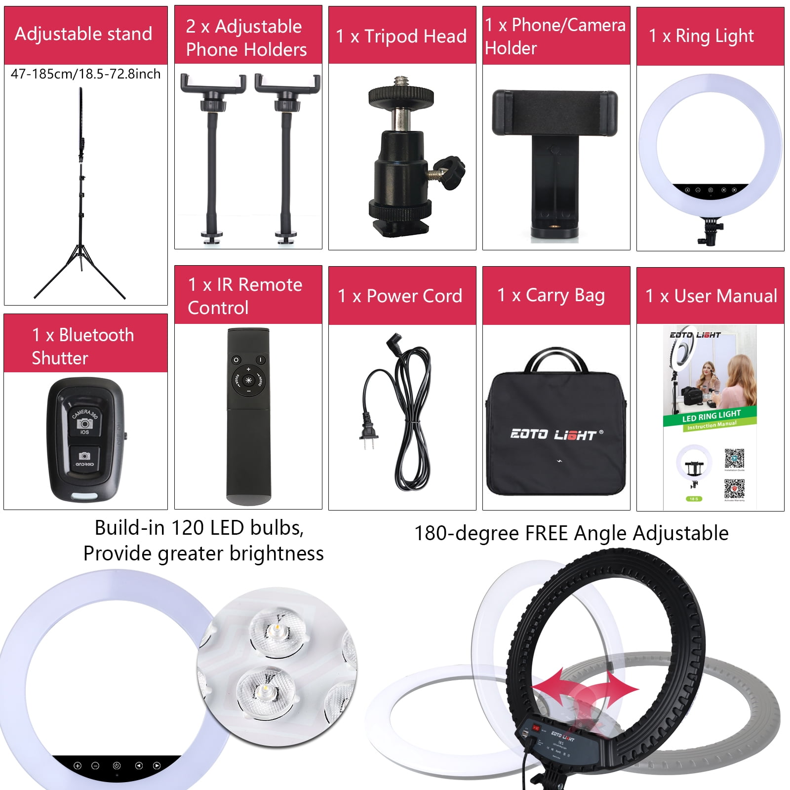 EOTO LIGHT 18 inch LED Ring Light with Tripod Stand, Selfie Ring Light with Touch Panel for Makeup Studio Portrait YouTube Vlog Video Shooting with Carrying Bag and Remote Controller, CRI>90, Upgraded