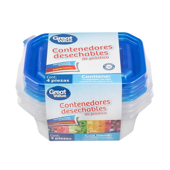 Set de contenedores Great Value rectangulares desechables 4 pzas de 710 ml