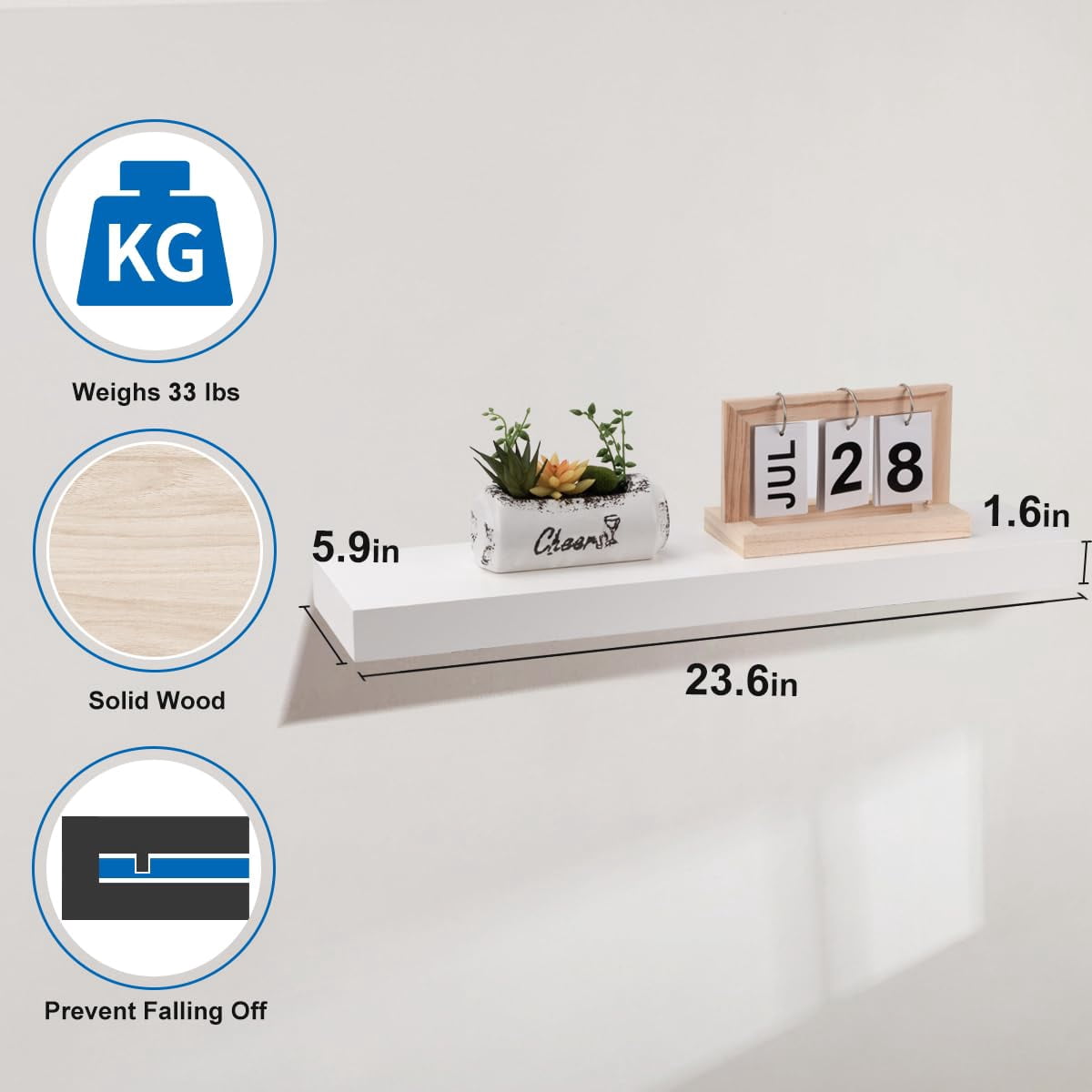 HAPOO 23.6 inch Wood Floating Shelves Wall Mounted Shelves, White, Set of 2
