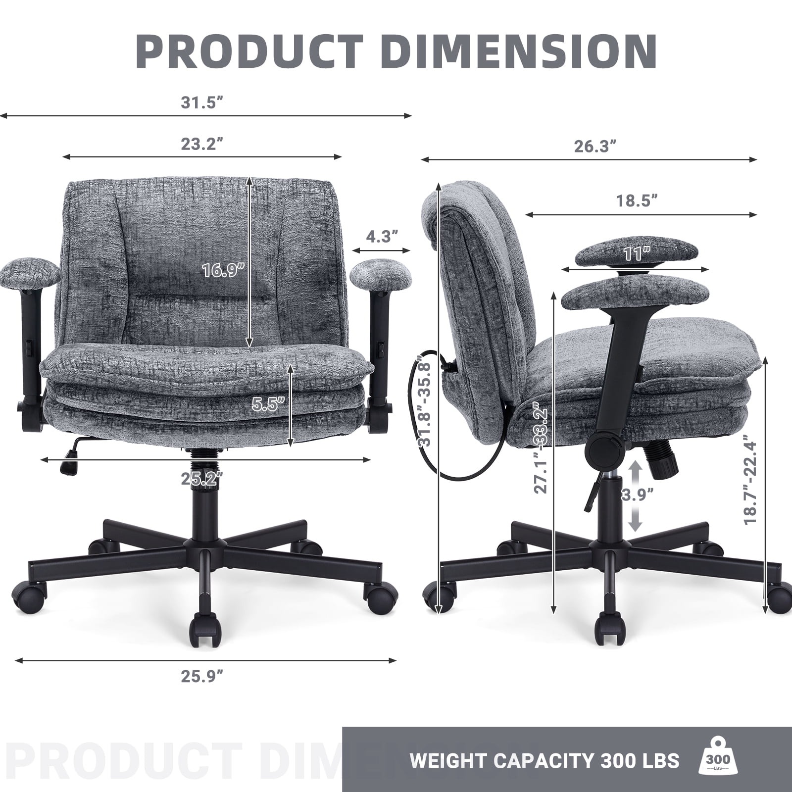 Criss Cross Legged Office Chair with Wide 3 Layer Cushions, Ergonomic Criss Cross Desk Chair with Dynamic Lumbar Support and Flip-up Arms, Mid Back Fabric Swivel Vanity Chair for Work, Study, Leisure