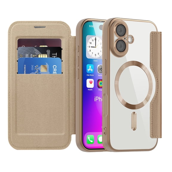ShellTech for iPhone 17 Flip Wallet Case with Magnetic Clear Back, Compatible with MagSafe, RFID Blocking Card Slots, Camera Lens Protector, PU Leather Protective Slim Phone Cover,Desertgold