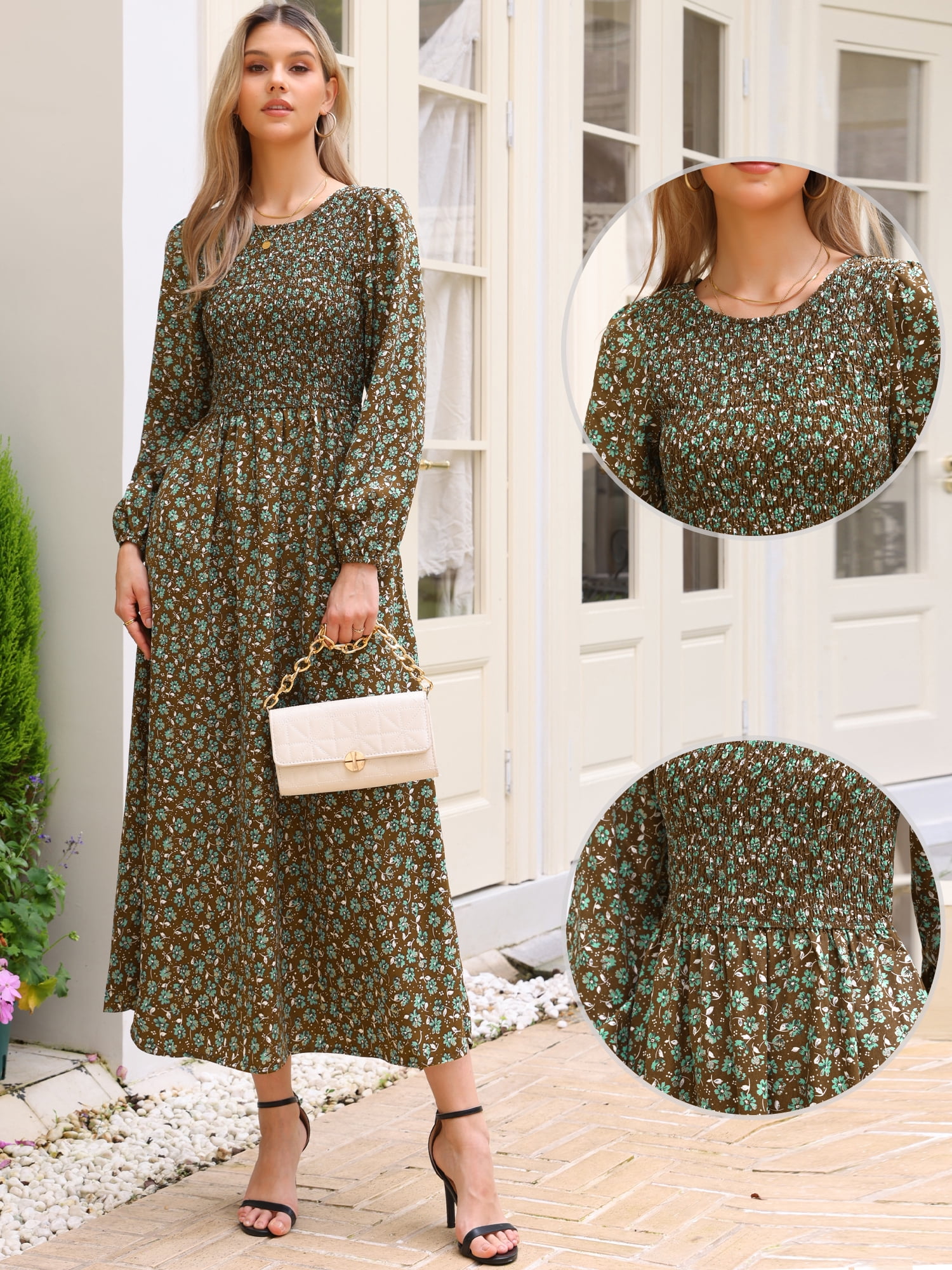 DARING DIVA Floral Smocked Long Puff Sleeve A-Line Boho Maxi Dress M Brown