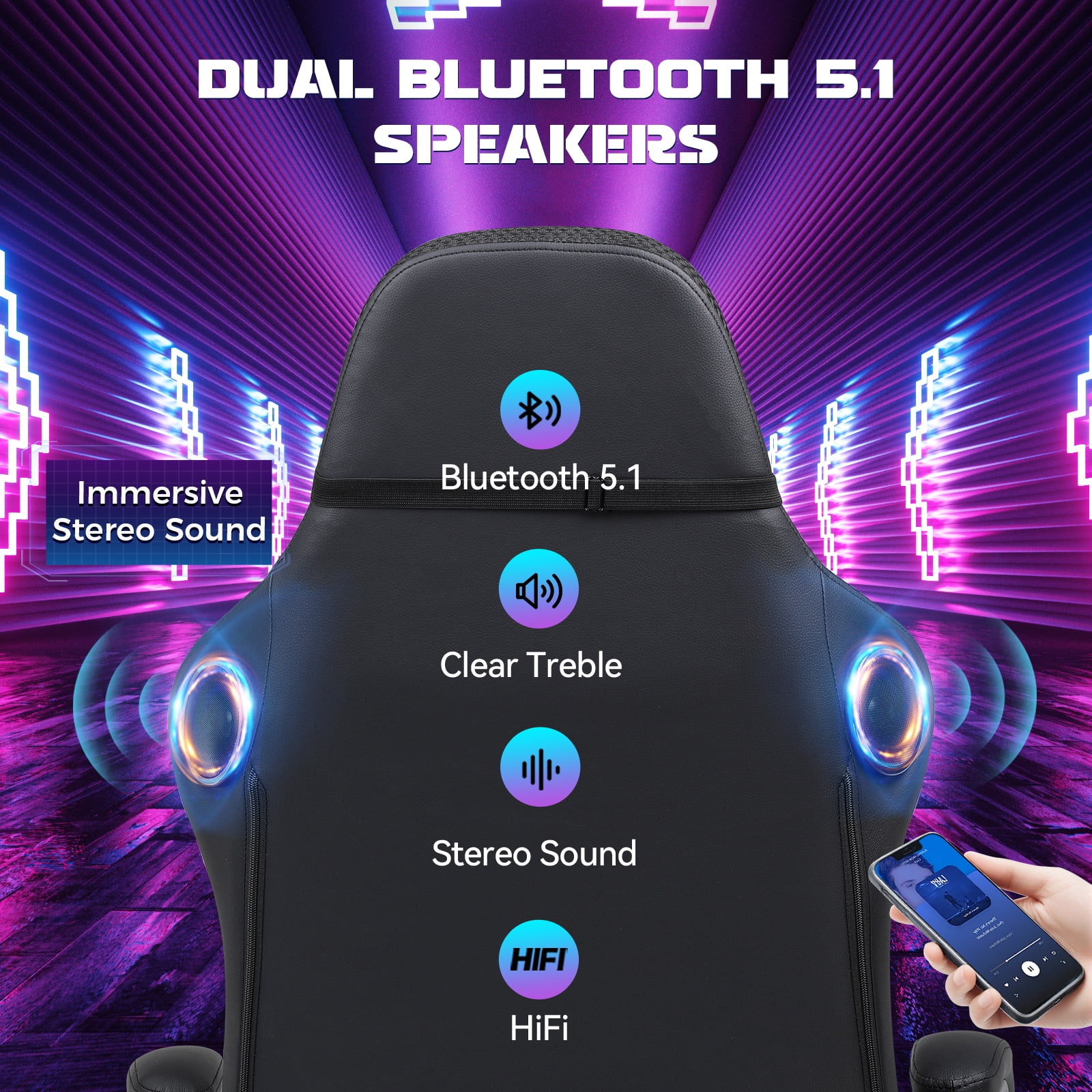 GTPLAYER RGB Gaming Chair with Speakers, Computer Gamer Chair with Footrest and LED Lights, Black