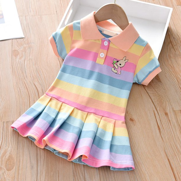 Vestido De Niña Verano Bebé Moda Colorido Rayas Manga Corta Plisado