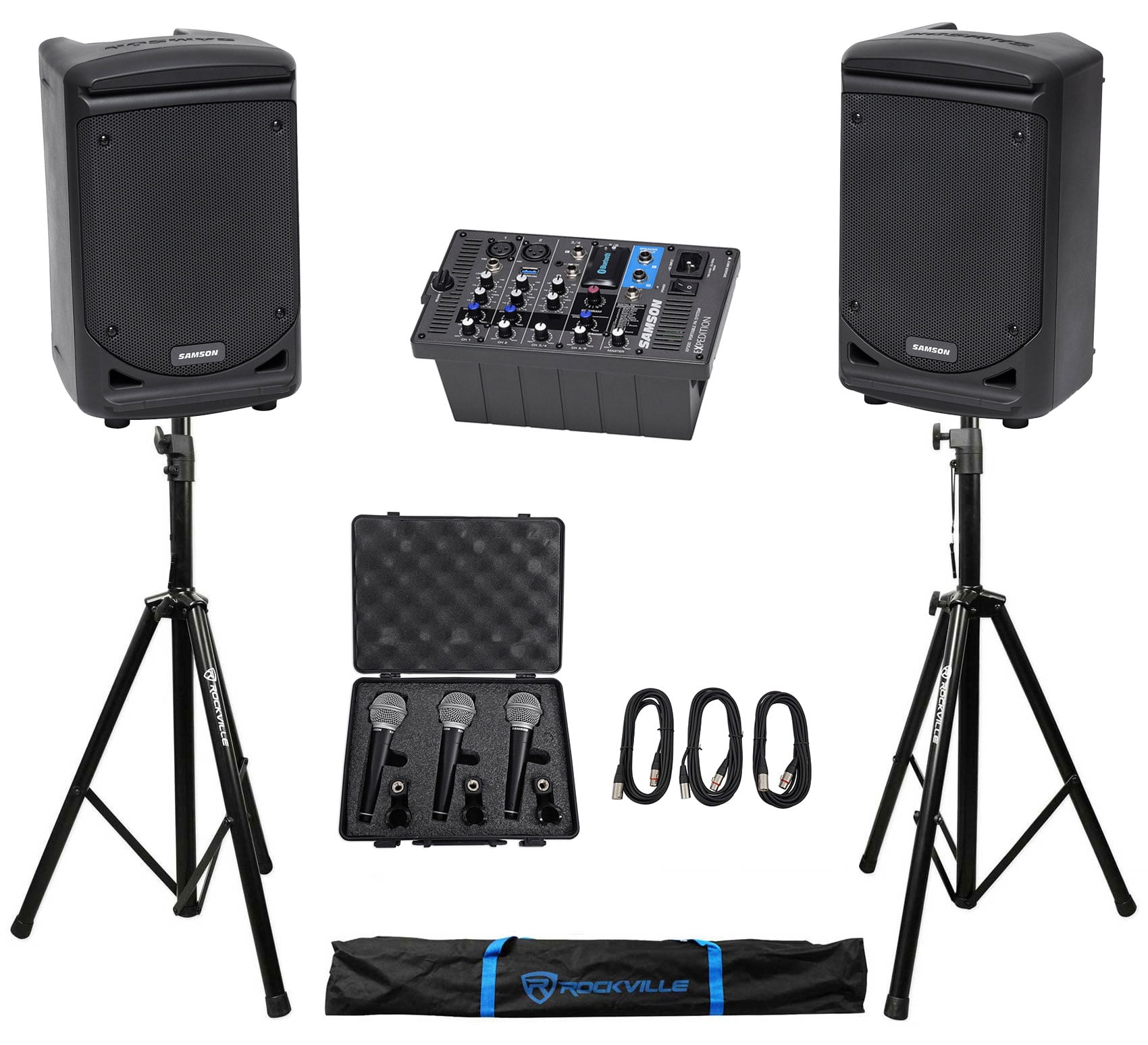 Samson Expedition XP300 300w 6" PA DJ Speakers+Powered Mixer+Mics