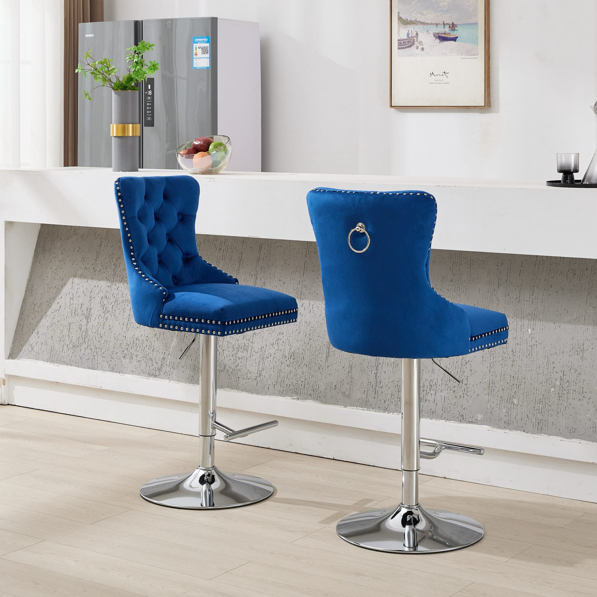 2-Piece Velvet Swivel Bar Stools, Adjustable Counter Height Dining Bar Chairs with Tufted Backrest and Nailhead Trim for Kitchen Island （Blue with Silver Leg）