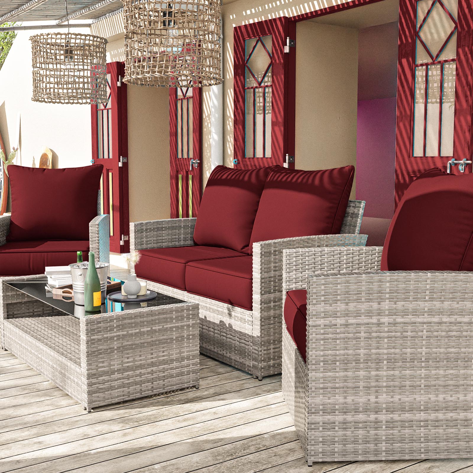 Snubbull Outdoor Deep Seat Cushion Set 24 X 24 X 6.5 inch Splash-Proof & Fadeness Patio Furniture Cushions，Removable Outdoor Couch Cushions with Hidden Zipper & Adjustment Staps, Burgundy
