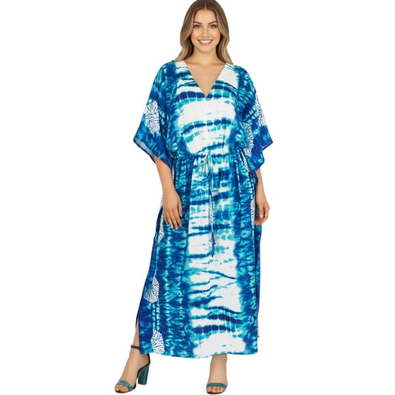 LA LEELA Women's Summer Loungewear African Beach Mumu Slit Dress Caftan Kaftan Maxi Dresses for Women 2X-3X Blue, Tie Dye